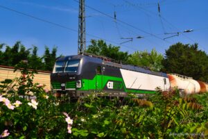 Zug bei der Durchfahrt durch Kostheim in Richtung Kastel